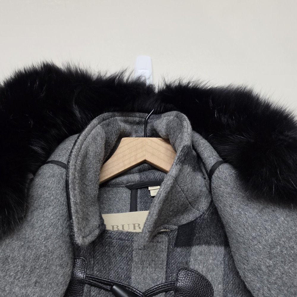 Burberry‎ Brit Gray Plaid Wool Duffle Coat Blue Fox Fur Hood Womens US 10 IT 44 - Picture 2 of 16